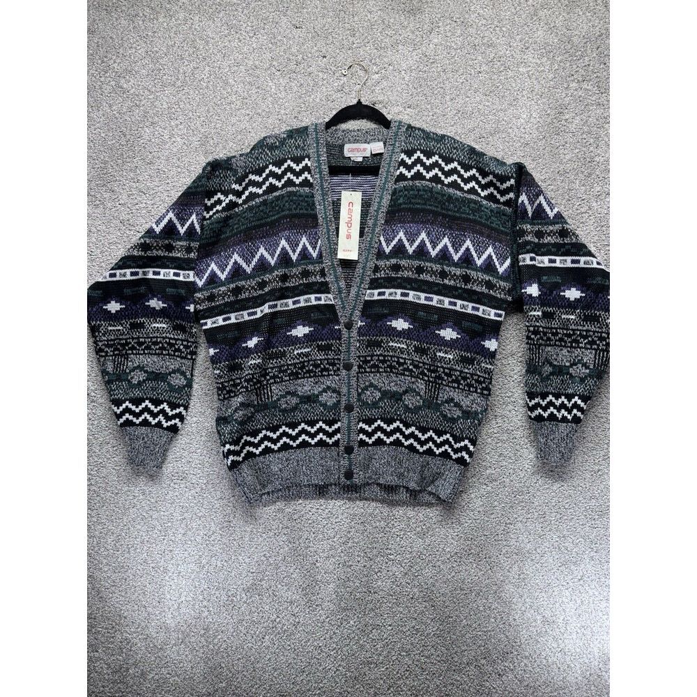 Campus Cardigan Men's 2XL‎ NWT Black Purple Diamond Chevron Sweater Retro VTG